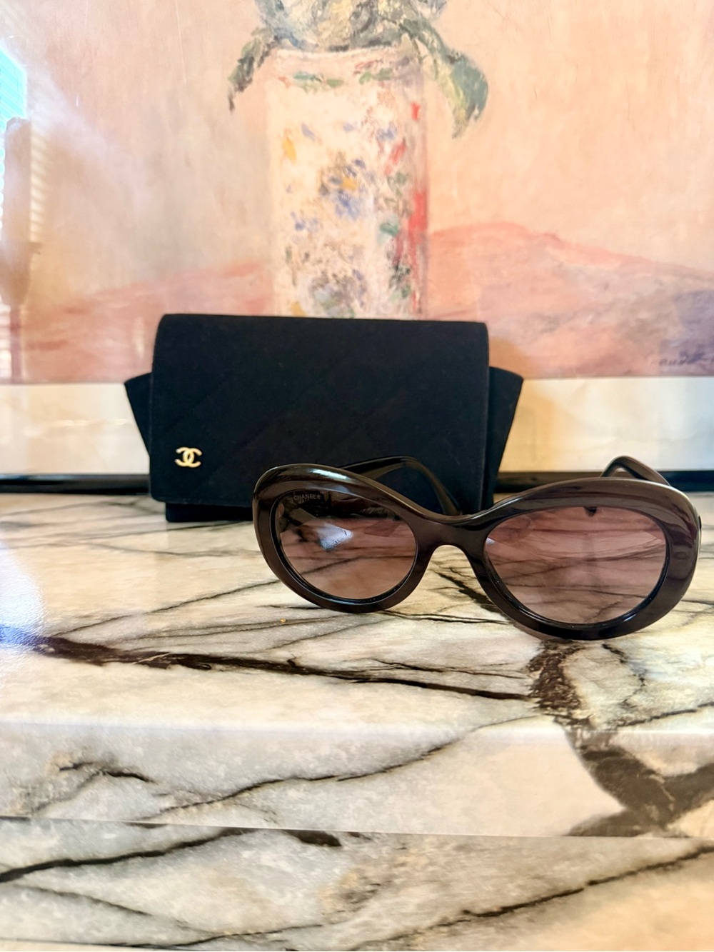 CHANEL Brown Oval Sunglasses with Black Quilted Case